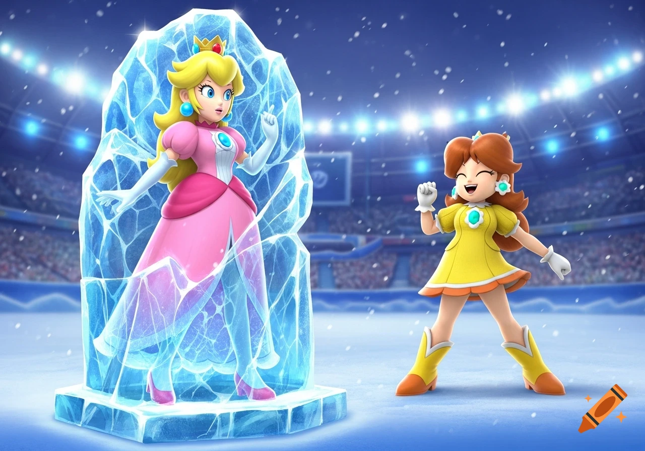 3D animated Princess Peach frozen in ice as Princess Daisy taunts her on a snowy stadium field.
