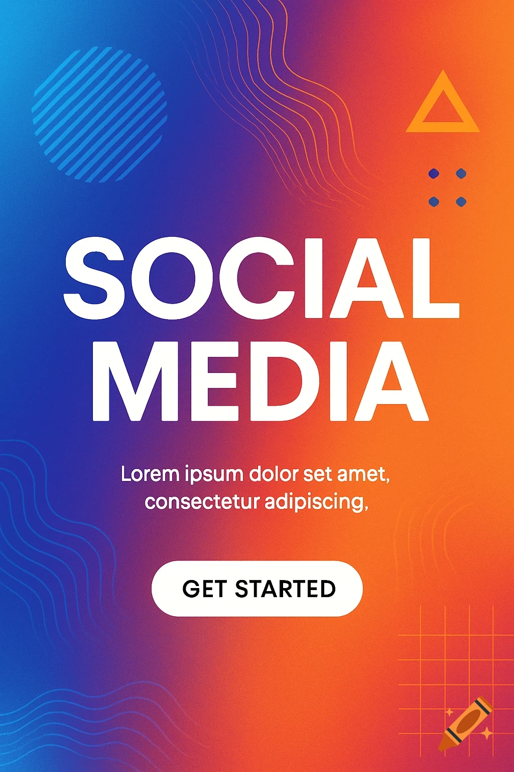 Vibrant blue and orange gradient social media flyer design with abstract shapes and text 'SOCIAL MEDIA' and 'GET STARTED'.