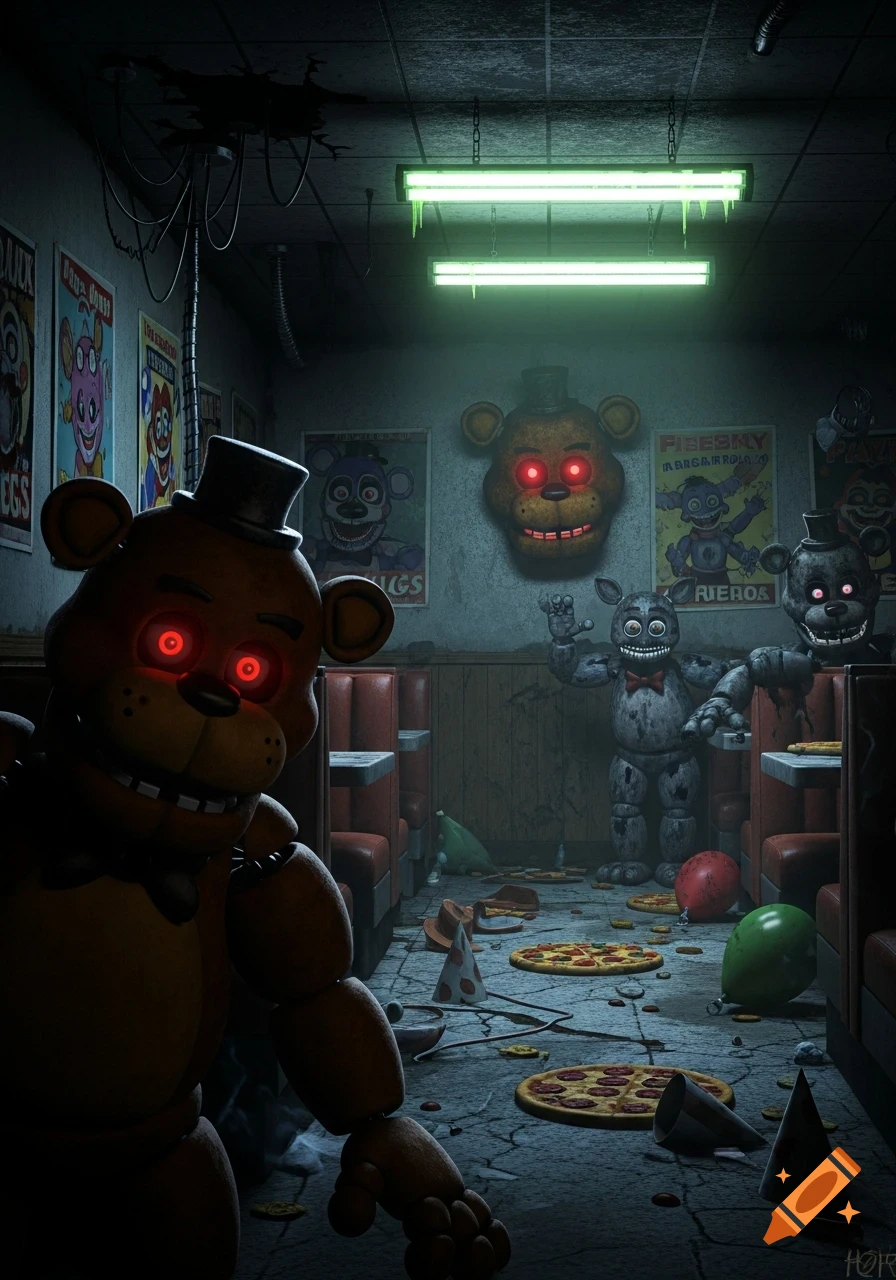 A dark, creepy scene with a brown animatronic with red glowing eyes in the foreground, and other animatronics in a dilapidated diner with pizza and balloons scattered on the floor.