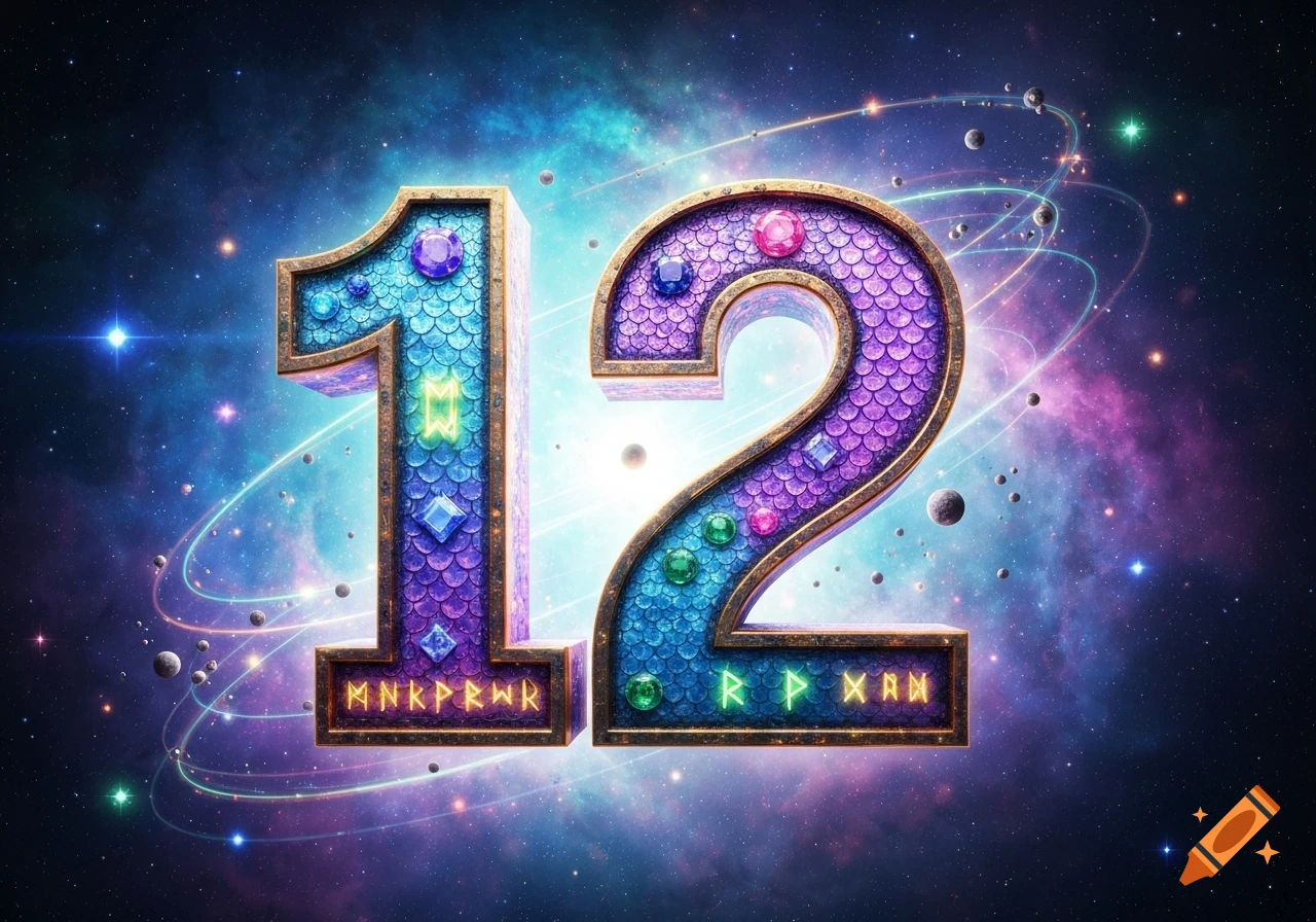 A giant, colorful, jeweled number 12, made of blue and purple scales, against a cosmic background with stars and planets.
