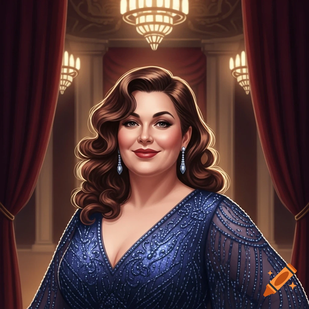 A glamorous woman with wavy brown hair and a blue embellished dress smiles, standing in a grand theater with red curtains and ornate chandeliers.