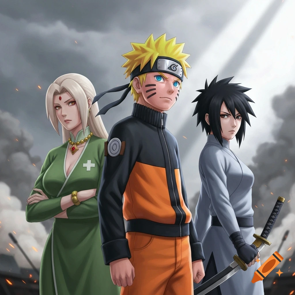 Naruto, Tsunade, and a female character with spiky black hair stand on a smoky battlefield, anime style.