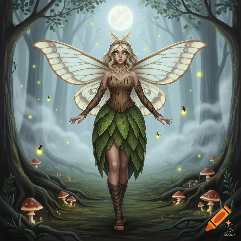 An illustrated moth girl with large white wings stands in a misty, enchanted forest at night under a full moon, with fireflies and mushrooms.