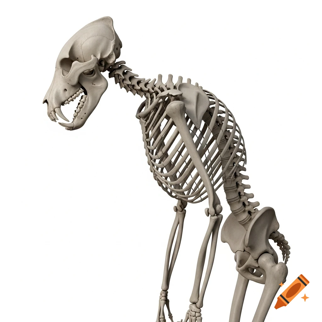 A detailed, realistic rendering of a theoretical werewolf skeleton, combining a lupine skull with a bipedal human-like torso.