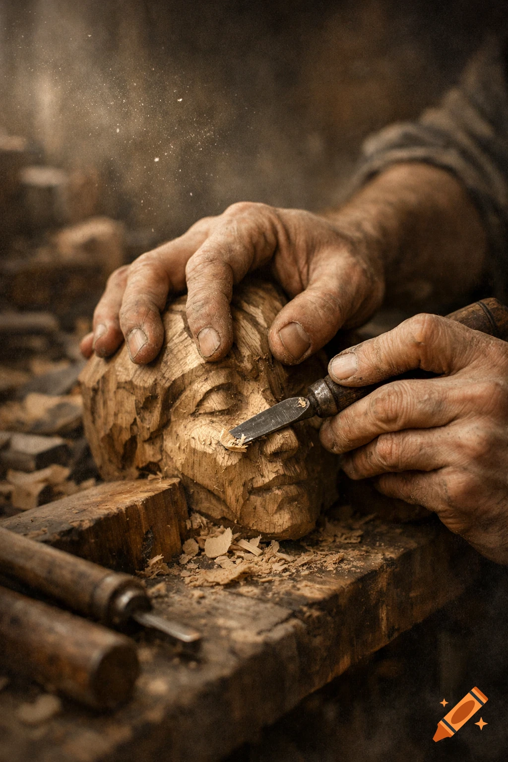 Close-up of a person's hands carving a human face into a wooden block with a chisel, surrounded by wood shavings, in a workshop setting.