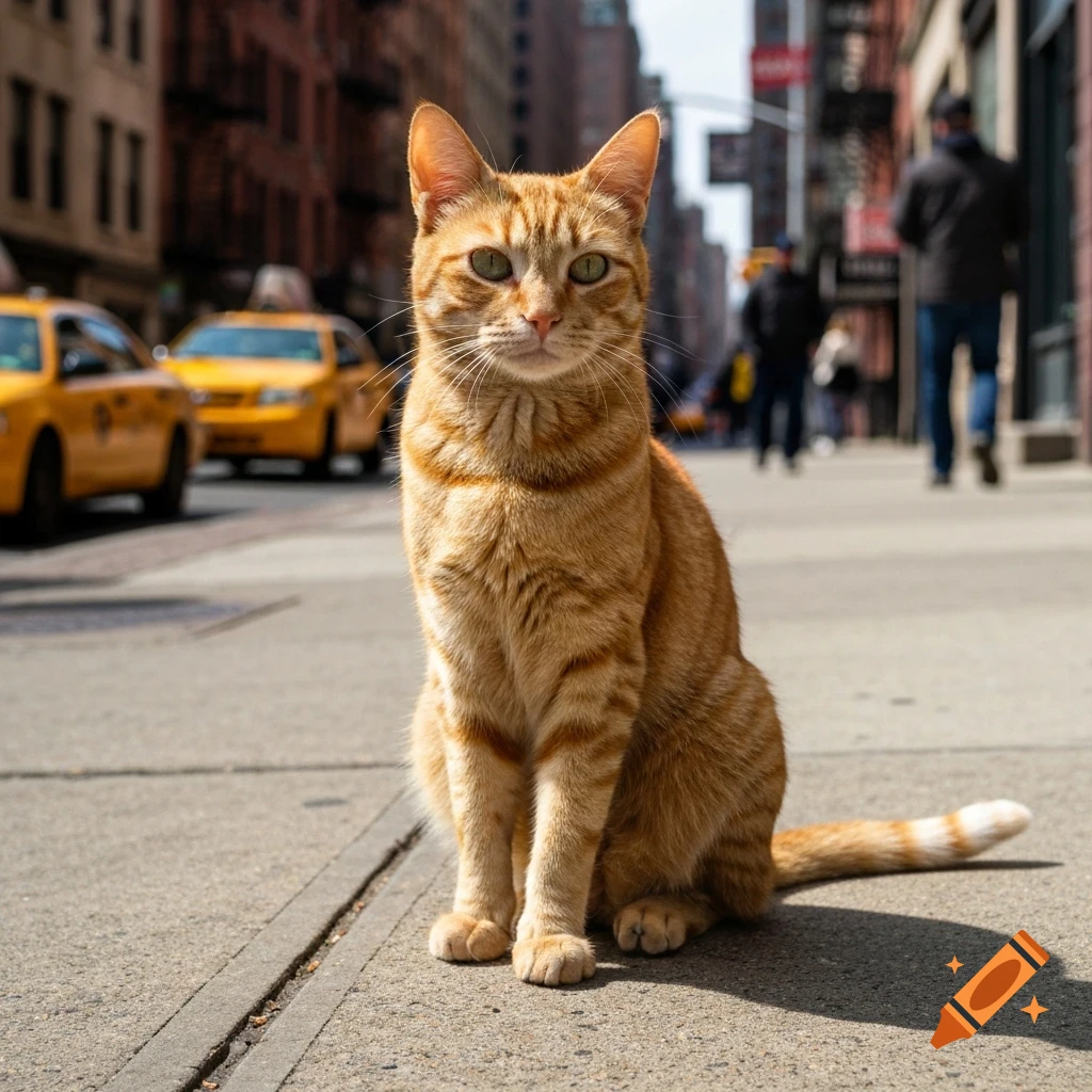 A ginger cat sits on a New York City sidewalk, looking at the viewer, with yellow taxis and buildings in the background.