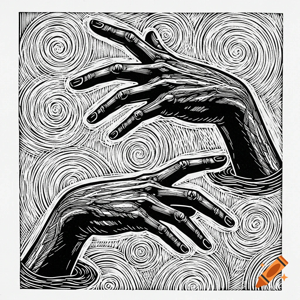 Black and white linocut of two hands reaching out amidst swirling patterns.