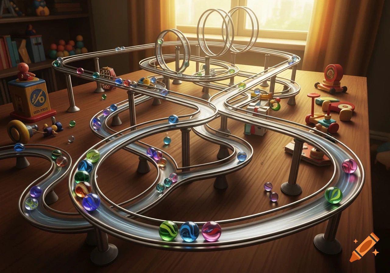 A complex metal marble track with colorful marbles winds across a wooden table, surrounded by various toys in a sunlit room.