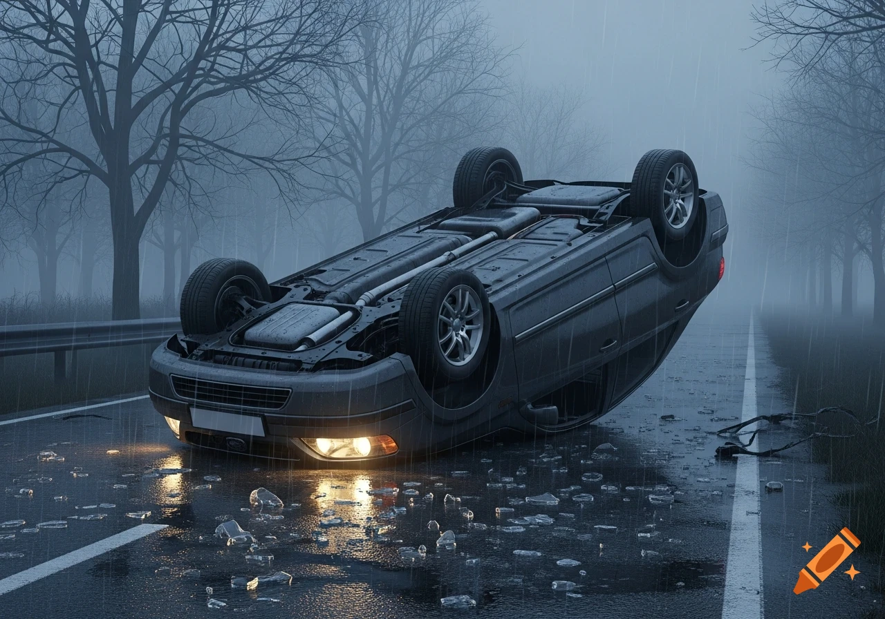 A dark car lies overturned on a wet asphalt road in the rain, with foggy bare trees in the background and broken debris nearby.
