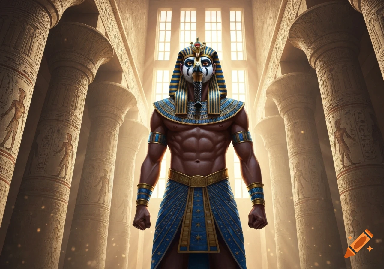 A muscular man in a blue and gold Horus mask and Egyptian attire stands in a grand columned temple with sunbeams.
