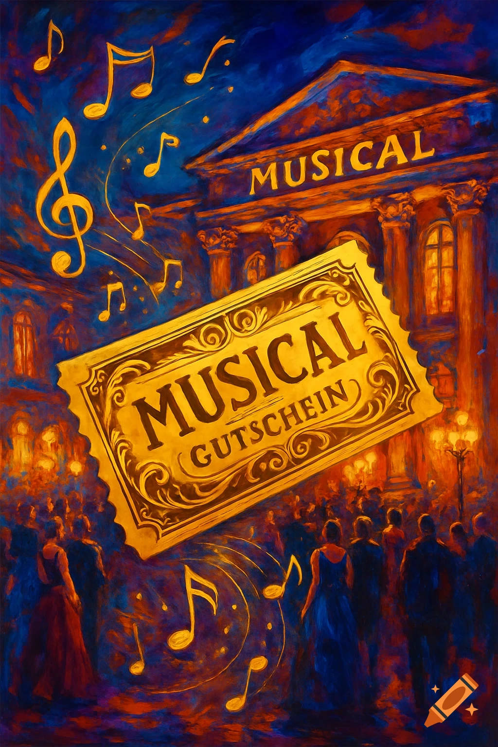 Vibrant painterly illustration of a musical voucher floating over a theater entrance with people and musical notes.