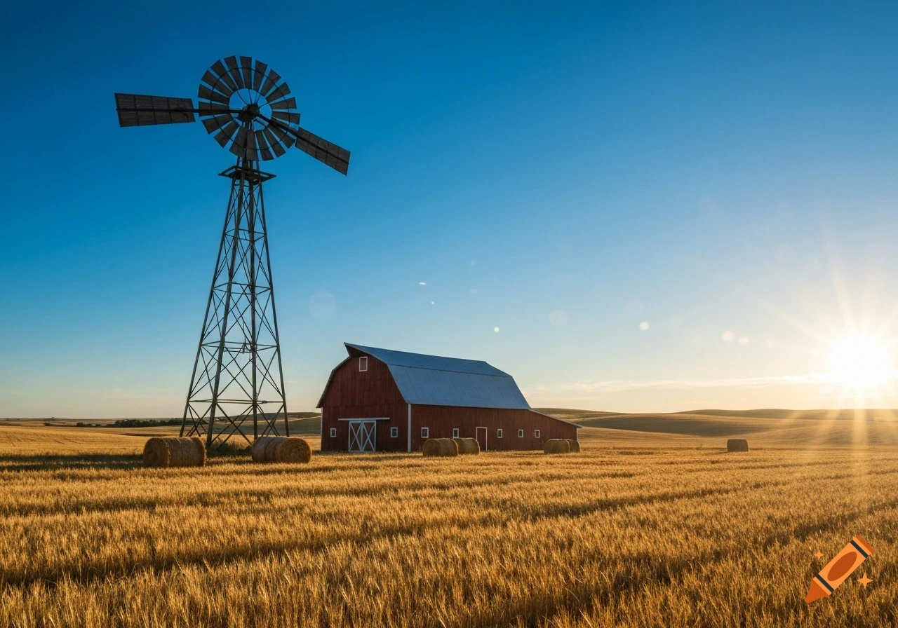 A photorealistic image of a classic red barn and a tall windmill standing in a golden wheat field under a clear blue sky at sunset.