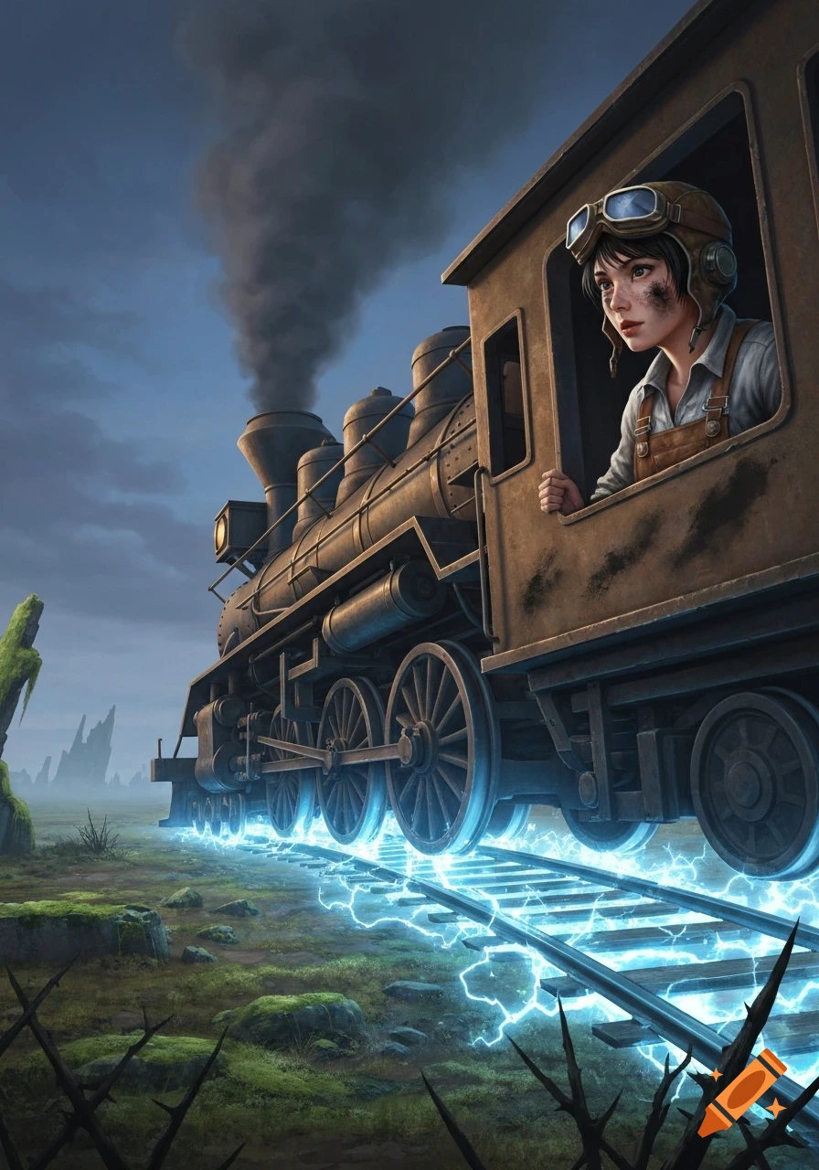 A female engineer with goggles looks from a steampunk train, which hovers on electric blue tracks through a desolate plain. Digital art.