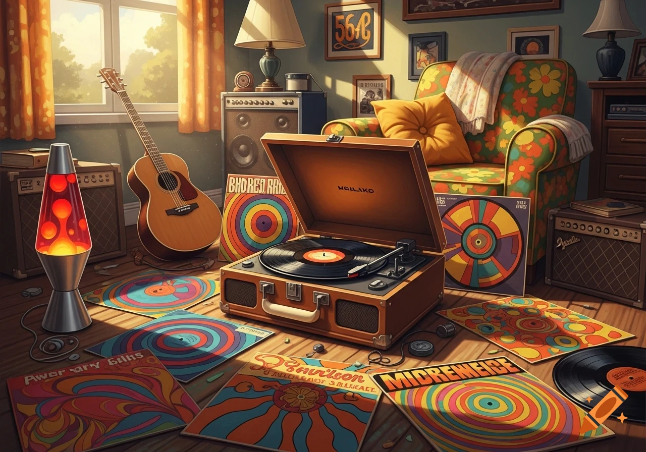 A vibrant 1960s-themed room with a record player, lava lamp, guitar, and colorful album covers scattered on the floor next to a floral armchair.