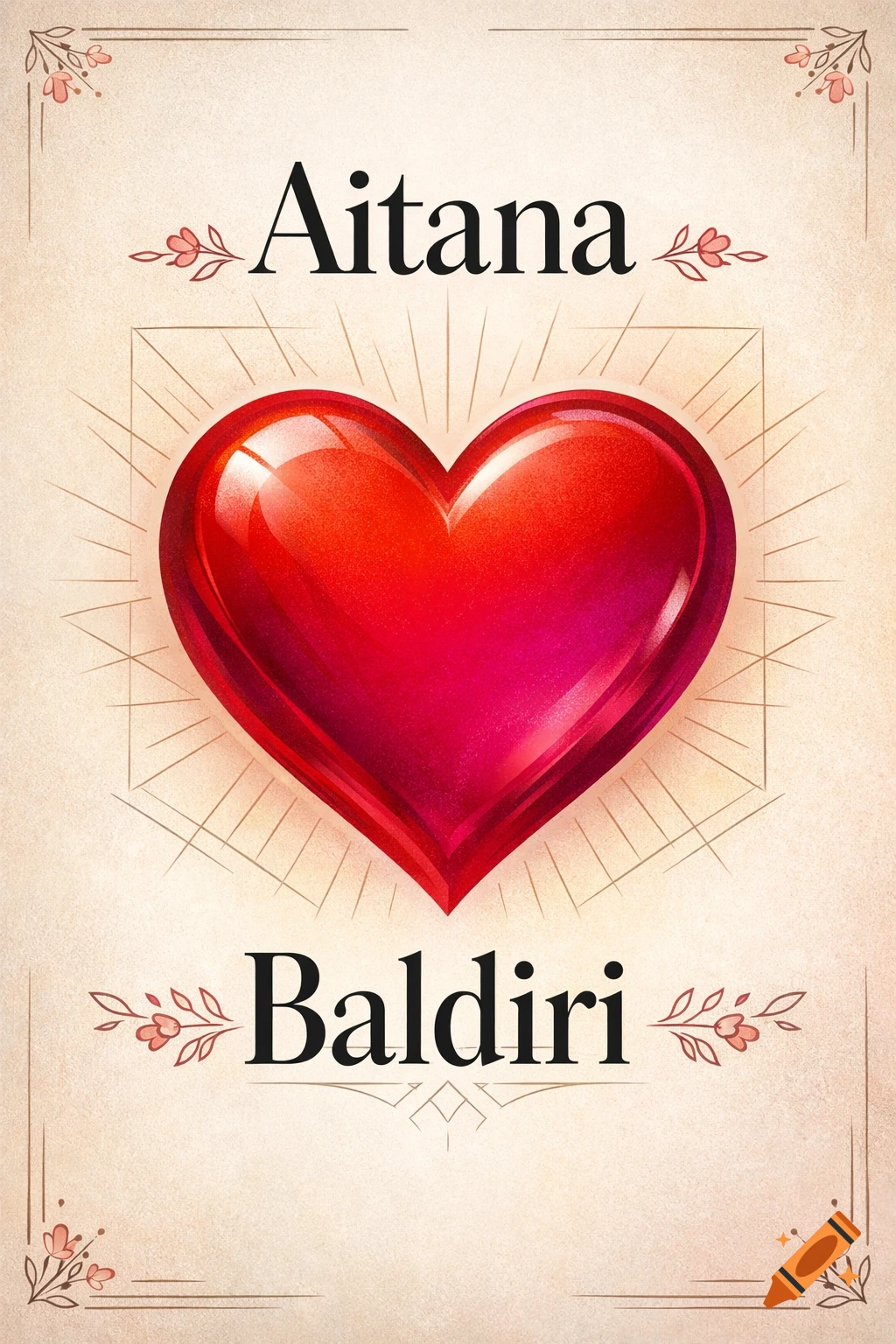 A decorative poster with a glossy red heart in the center, and the names 'Aitana' and 'Baldiri' written above and below it respectively, adorned with floral motifs.