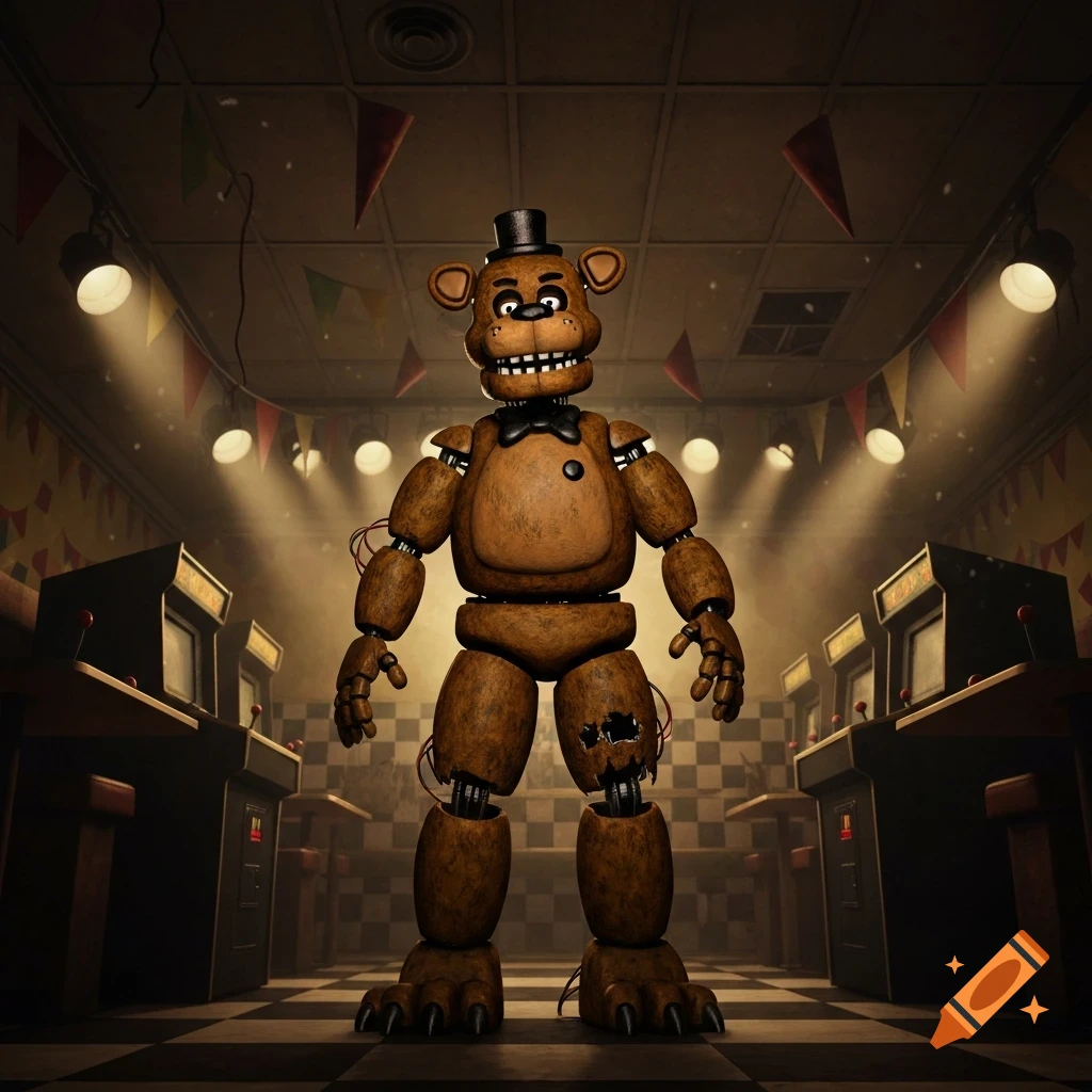 A brown animatronic bear, Freddy Fazbear, wearing a top hat and bowtie, stands in a dimly lit arcade.