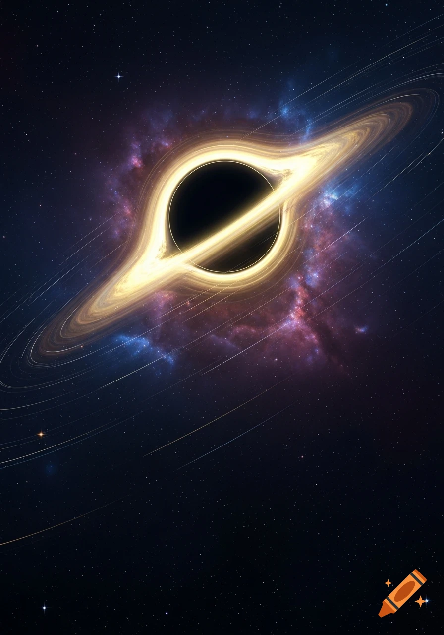 A vibrant black hole with a glowing yellow-orange accretion disk against a dark, star-filled cosmic background with purple and blue nebulae.