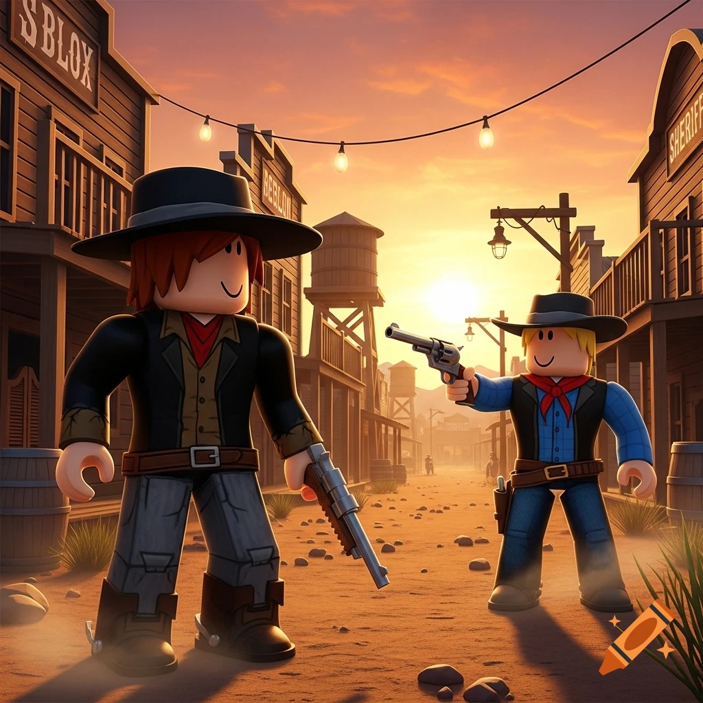Two Roblox characters in a stylized Western town at sunset, one in a black hat holding a rifle, the other in a cowboy hat pointing a pistol.