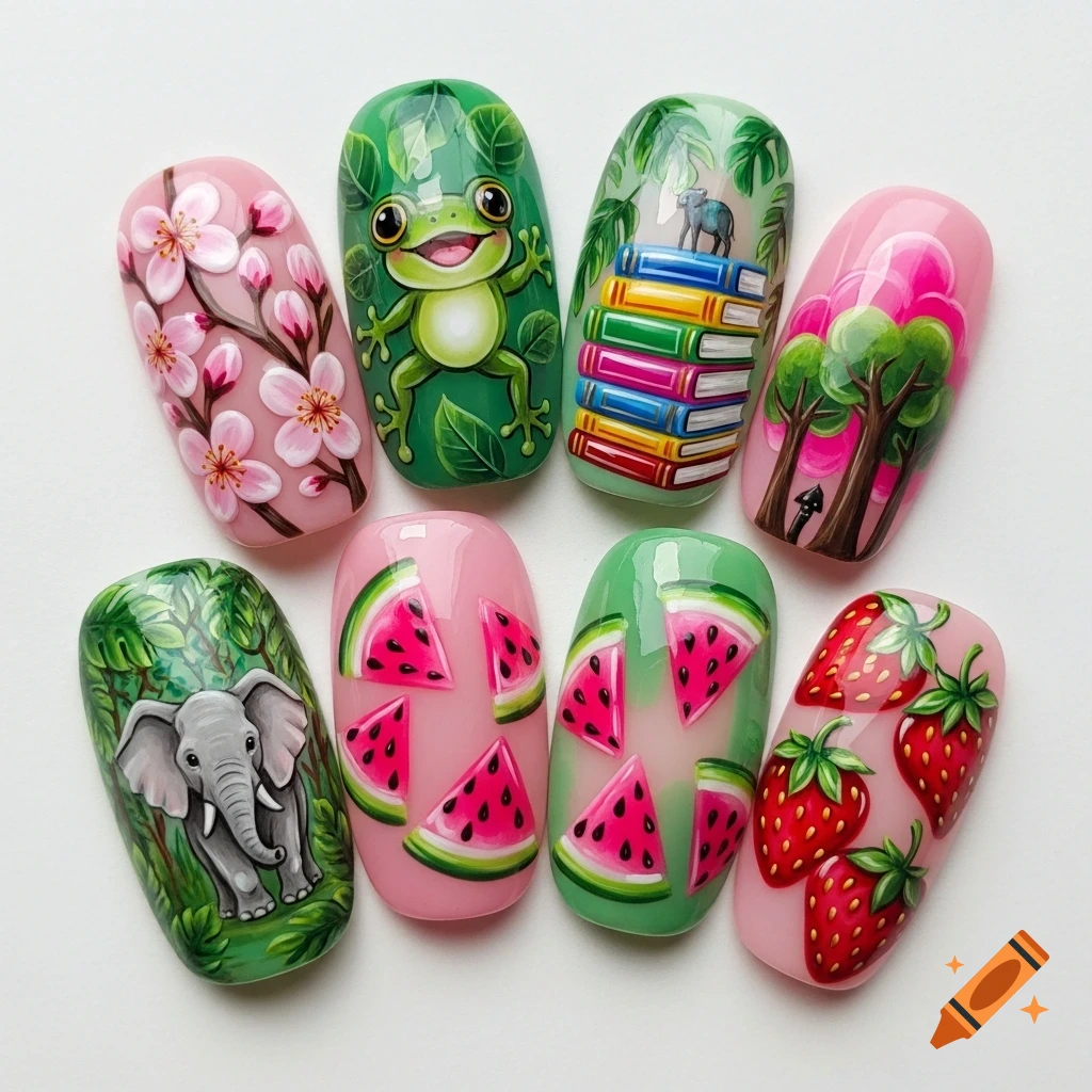 Close-up of eight painted acrylic nails featuring designs of cherry blossoms, a frog, an elephant, books, trees, watermelon slices, and strawberries.