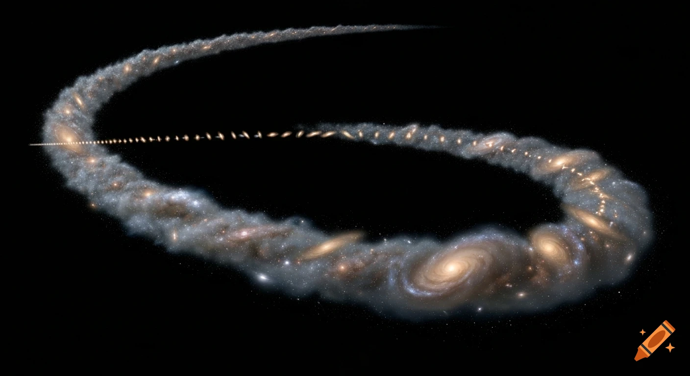 A long, curved filament of numerous galaxies against a black cosmic background, with a central section of precisely aligned galaxies.