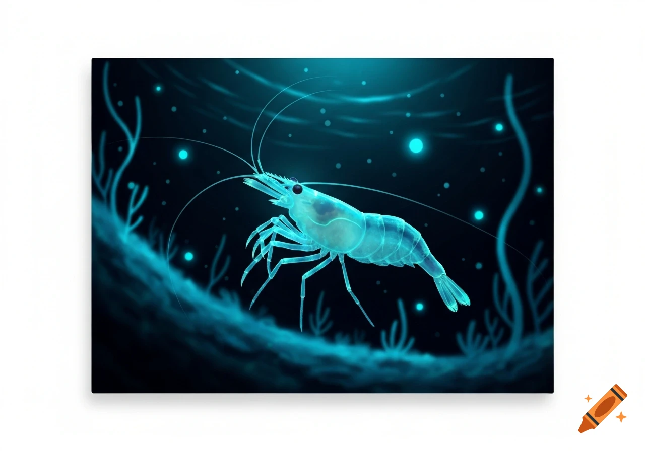 A translucent blue glow-in-the-dark shrimp with long antennae swims in a dark blue underwater scene with glowing particles and teal plants.