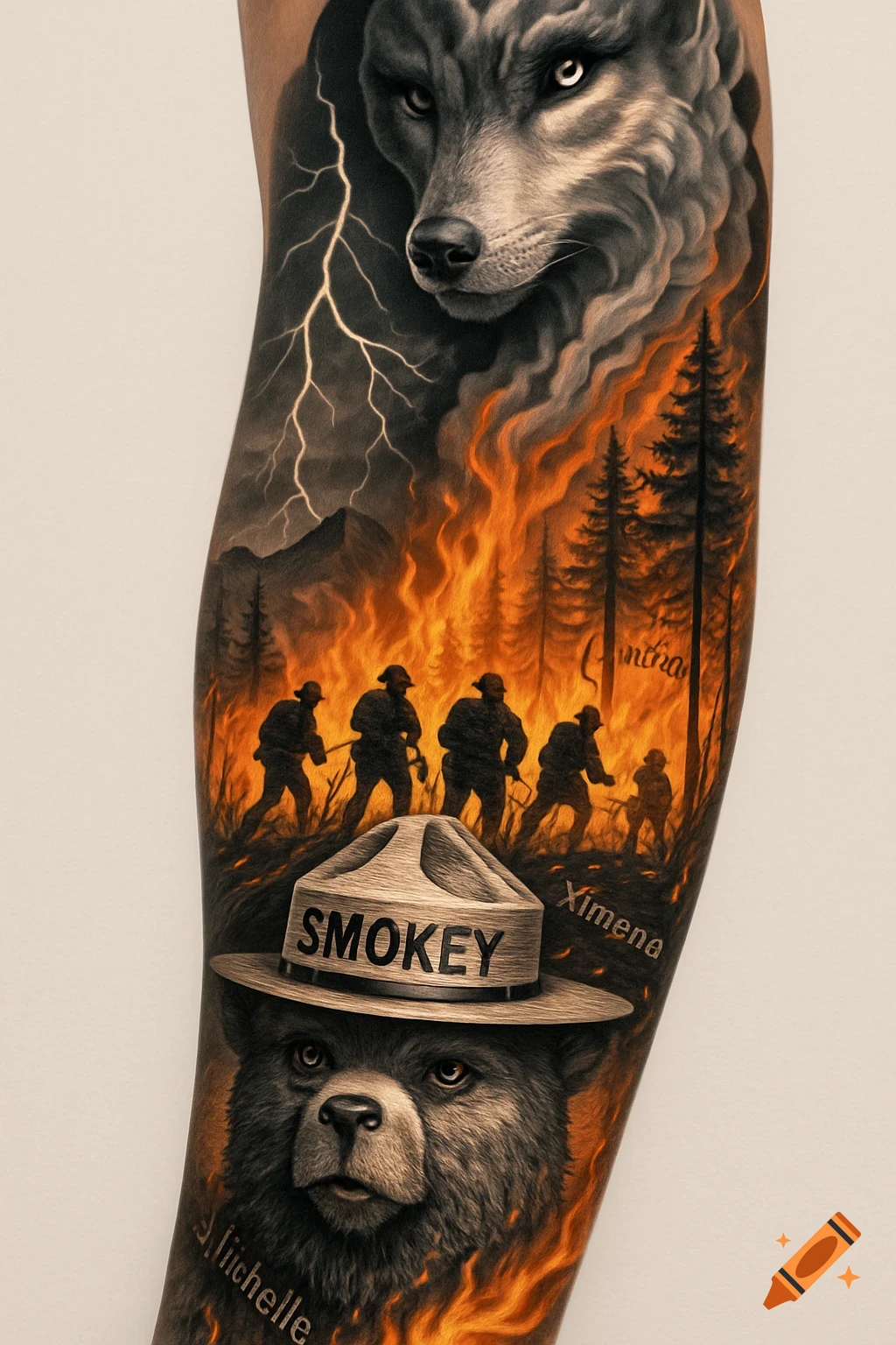 A realistic tattoo on an arm featuring a wolf head with lightning, a forest fire, silhouetted firefighters, and Smokey Bear wearing his ranger hat.