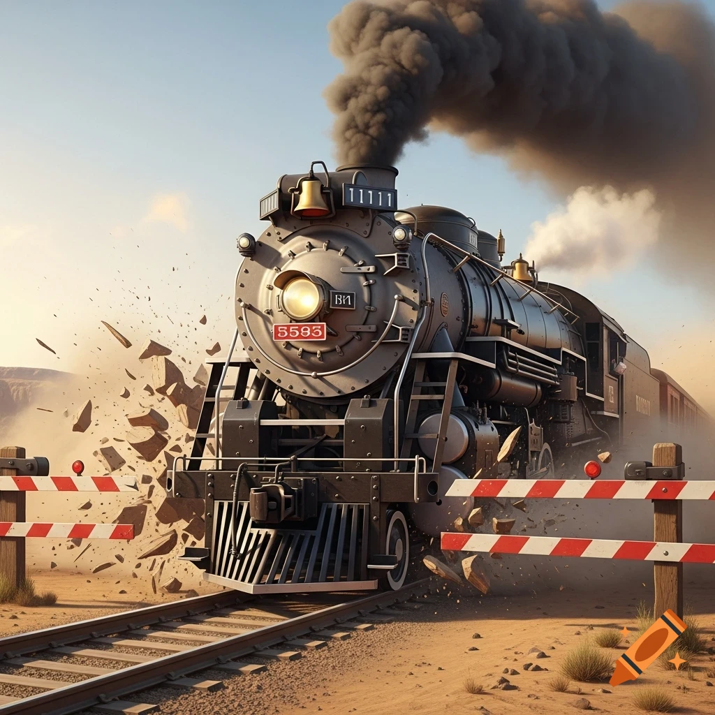 A powerful steam locomotive with a bright headlight breaks through a red and white barrier in a dusty western desert, sending debris flying.