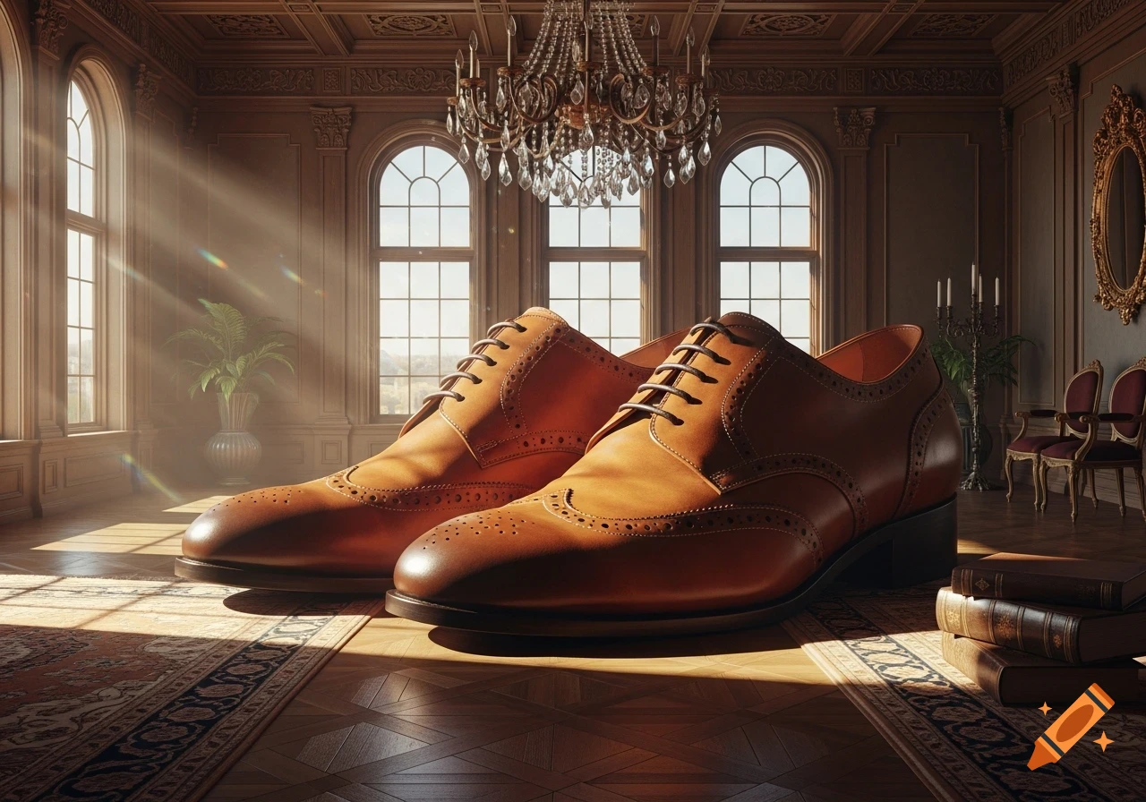 A pair of brown leather wingtip shoes sits on a polished parquet floor in a grand, sunlit room with tall arched windows and a crystal chandelier.