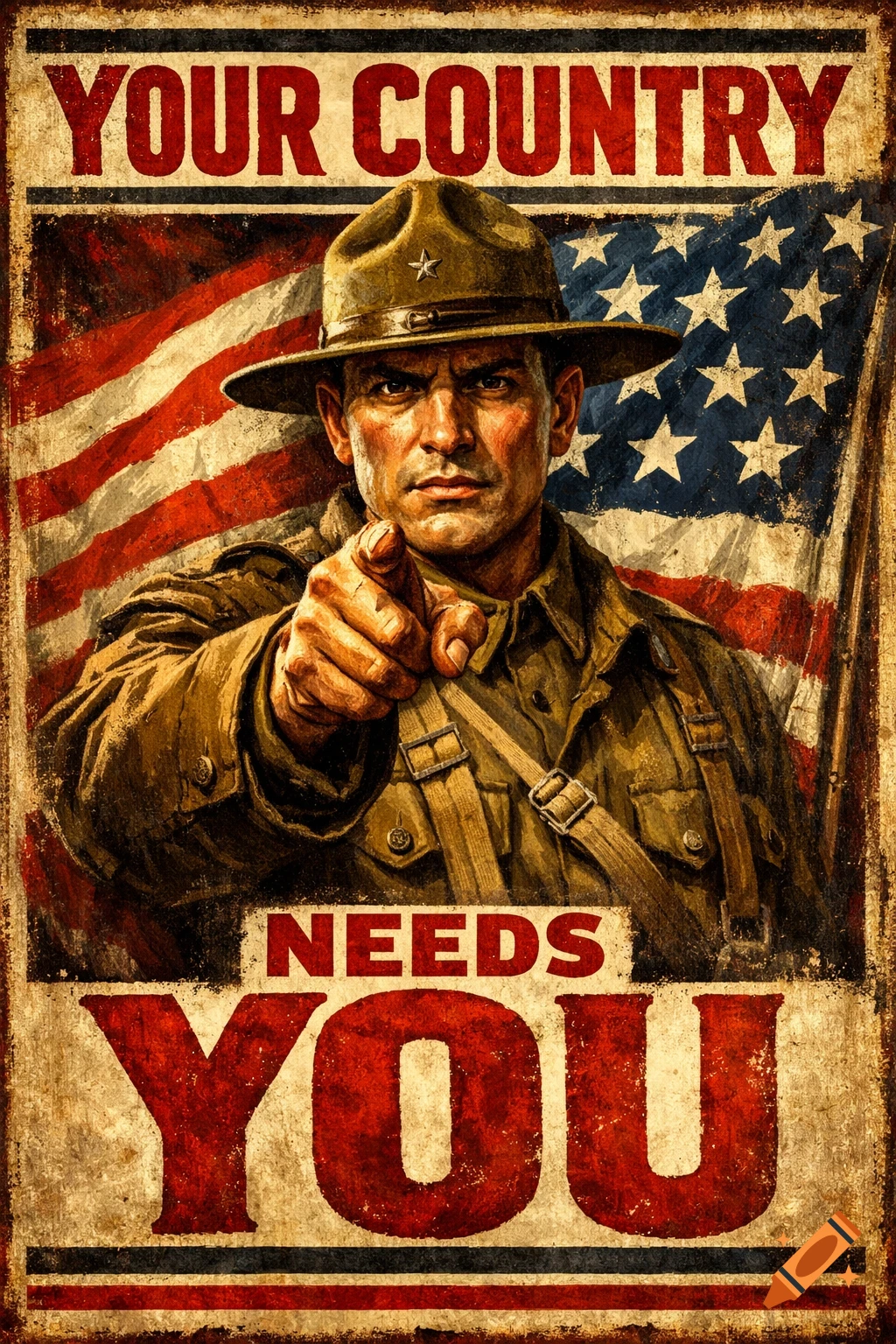 Vintage WWI propaganda poster of a soldier in uniform pointing, with an American flag behind him and the text 'Your Country Needs YOU'.