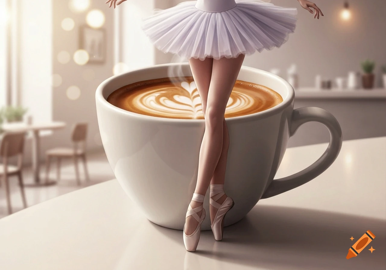 A ballerina's legs in pointe shoes emerge from a giant coffee cup with heart-shaped latte art, set in a cafe.