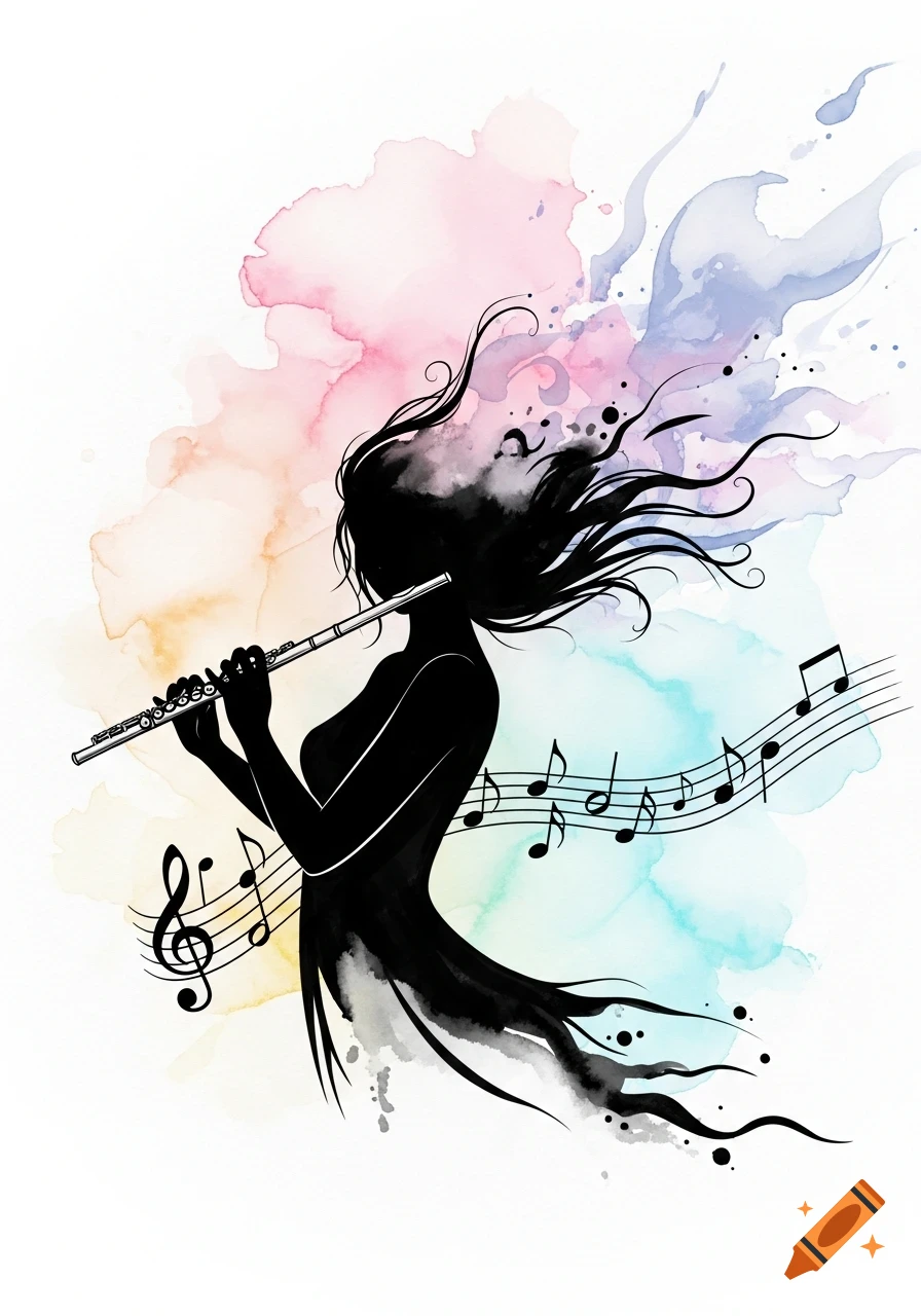 Black silhouette of a woman playing a flute, with flowing hair, against a pastel watercolor background with musical notes.