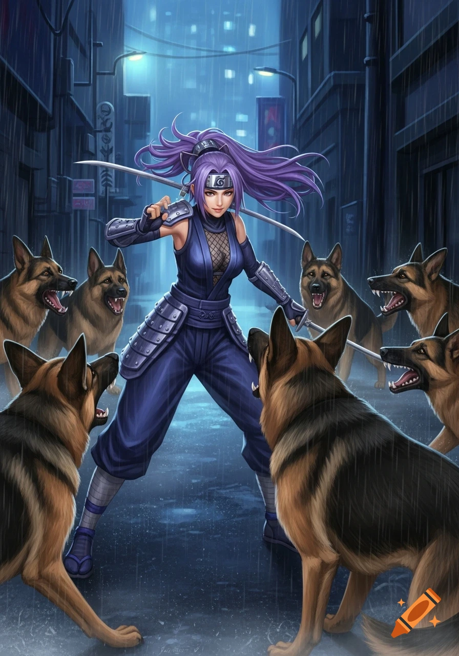 Anime-style purple-haired ninja woman with swords confronts a pack of aggressive German Shepherds in a rainy city street at night.