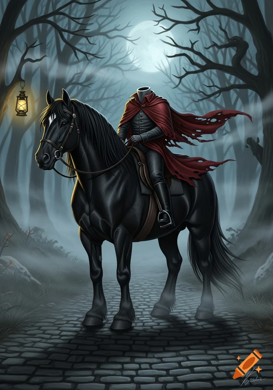 A headless horseman in a red cloak rides a black horse down a cobblestone path through a spooky, moonlit forest with bare trees and fog.