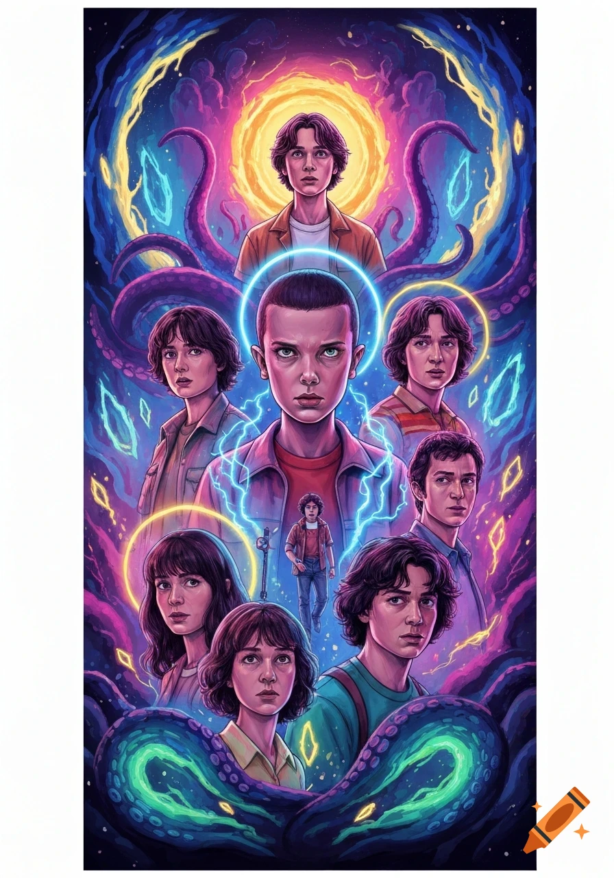 A vibrant, stylized illustration of Stranger Things characters, featuring Eleven centrally with others, against a background of glowing energy and purple tentacles.