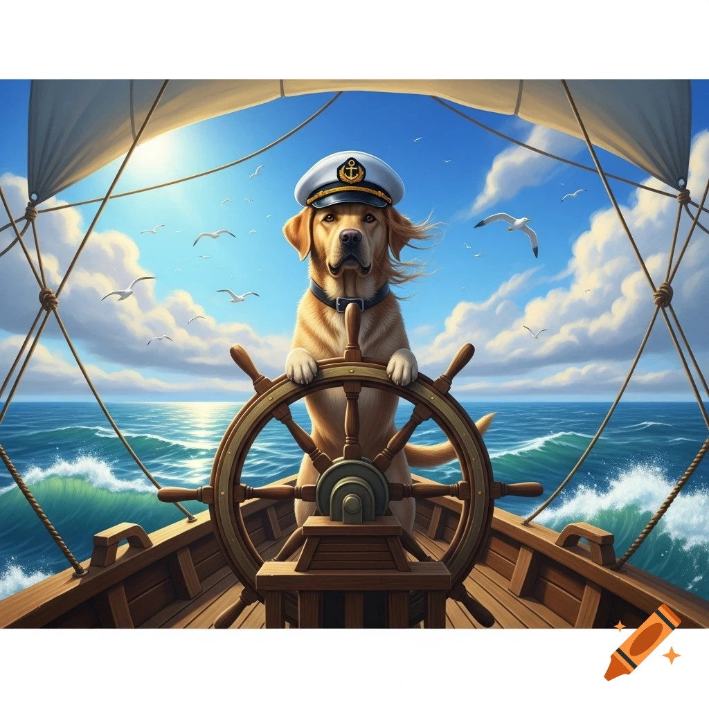 A golden retriever in a captain's hat steers a wooden ship on a wavy blue sea under a bright sky with seagulls.
