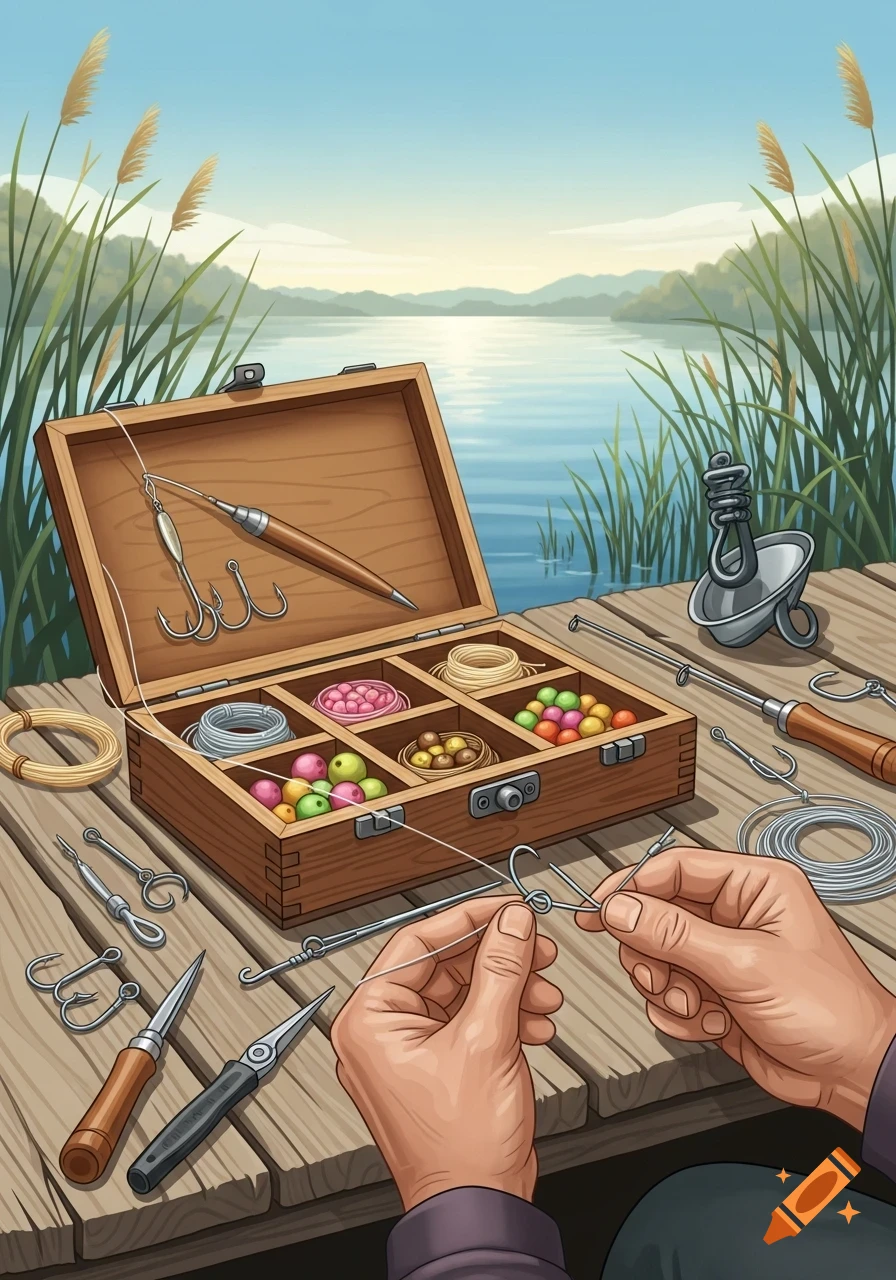 Illustrated view of a person's hands tying a fishing hook, with an open tackle box on a wooden dock by a lake.