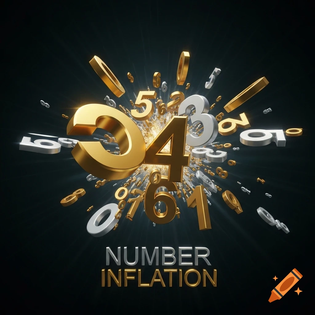 Exploding gold and silver 3D numbers with 'NUMBER INFLATION' text below, on a dark background.