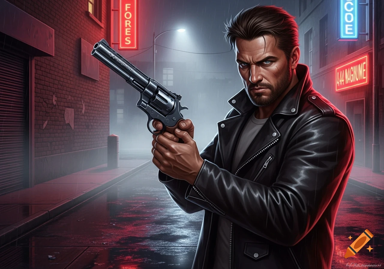 A stylized man in a leather jacket holds a revolver in a rainy city street with neon signs.