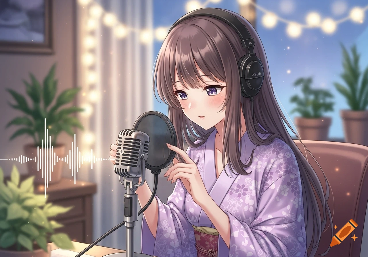 Anime girl with long brown hair, wearing headphones and a purple kimono, speaks into a vintage microphone with sound waves, in a cozy room with string lights.