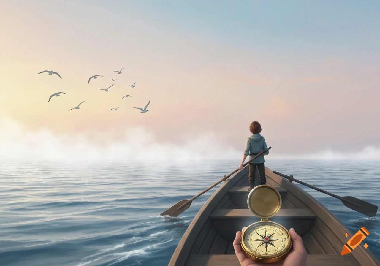 A person rows a wooden boat on a calm sea at sunrise, holding a glowing compass, with seabirds flying overhead in a cinematic storybook style.