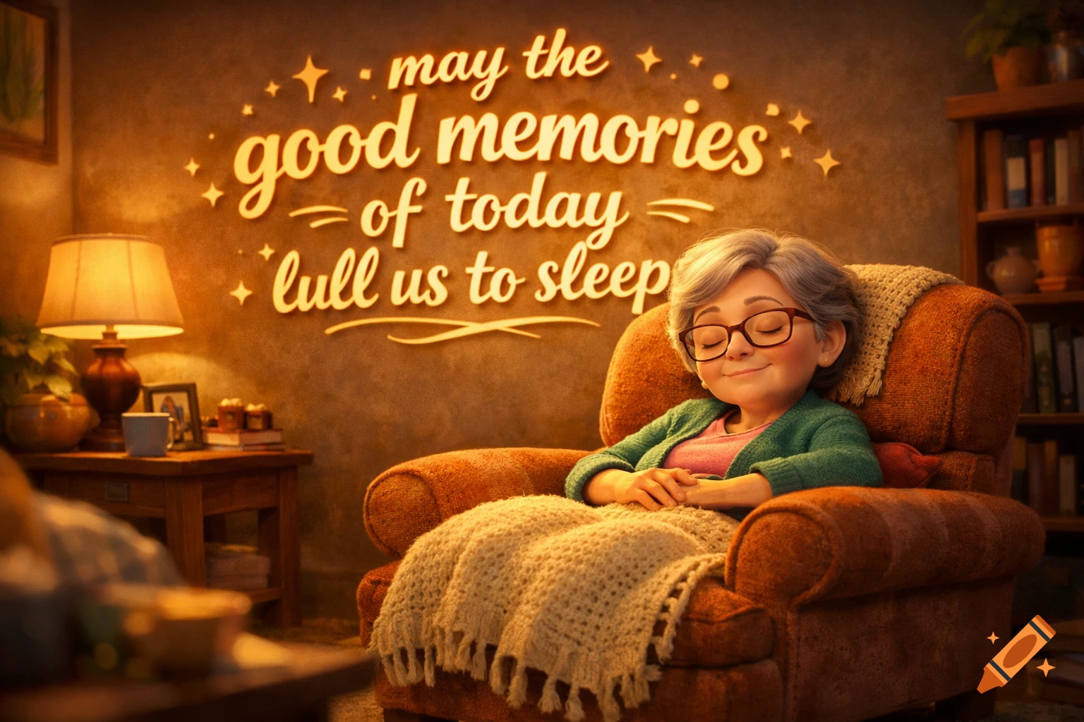 A cartoon elderly woman with glasses naps in a cozy armchair in a warm, dimly lit room with an inspirational quote on the wall.