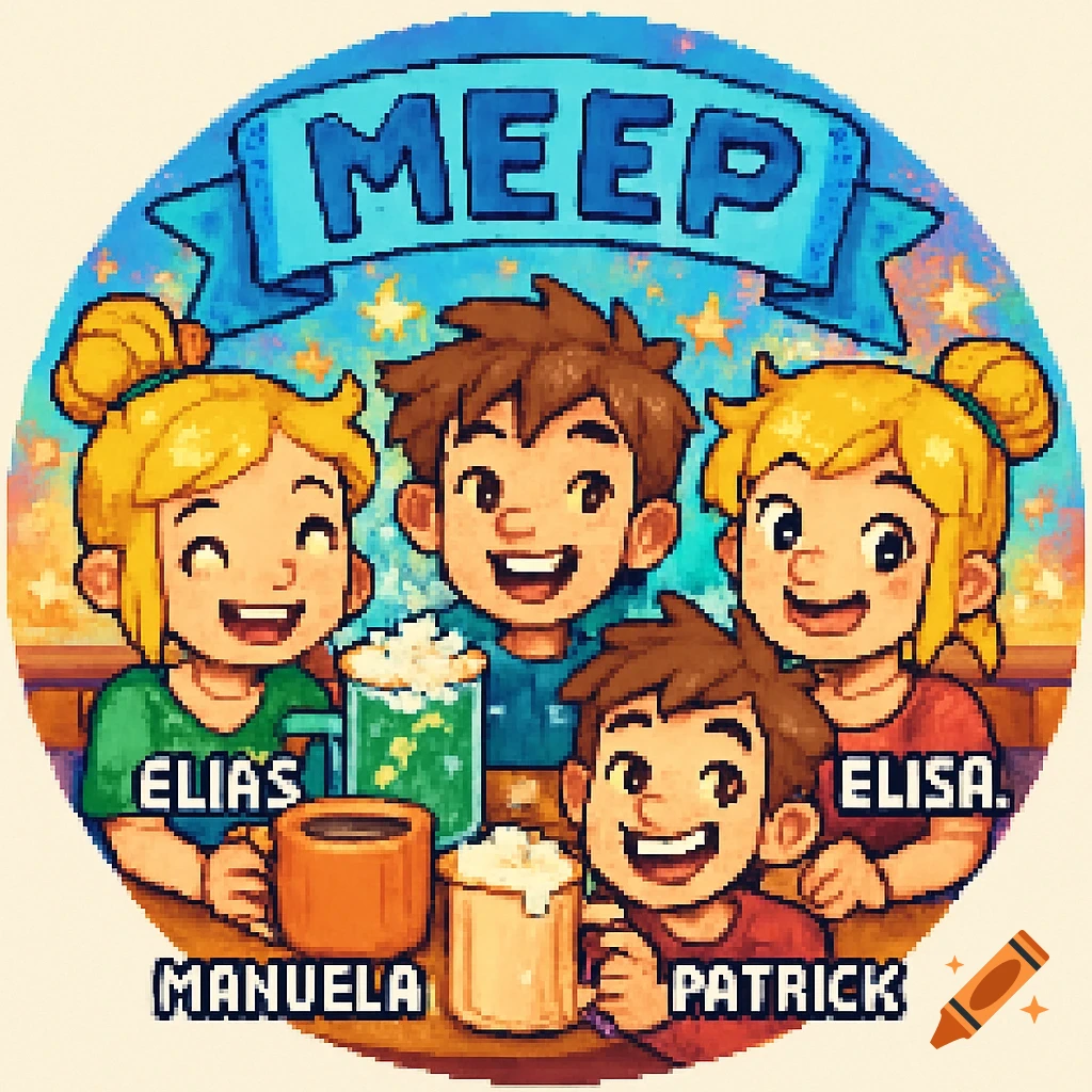 A pixel art cartoon of four smiling people with drinks, two blonde and two brown-haired, under a banner reading "MEEP", with names Elias, Manuela, Elisa, and Patrick.