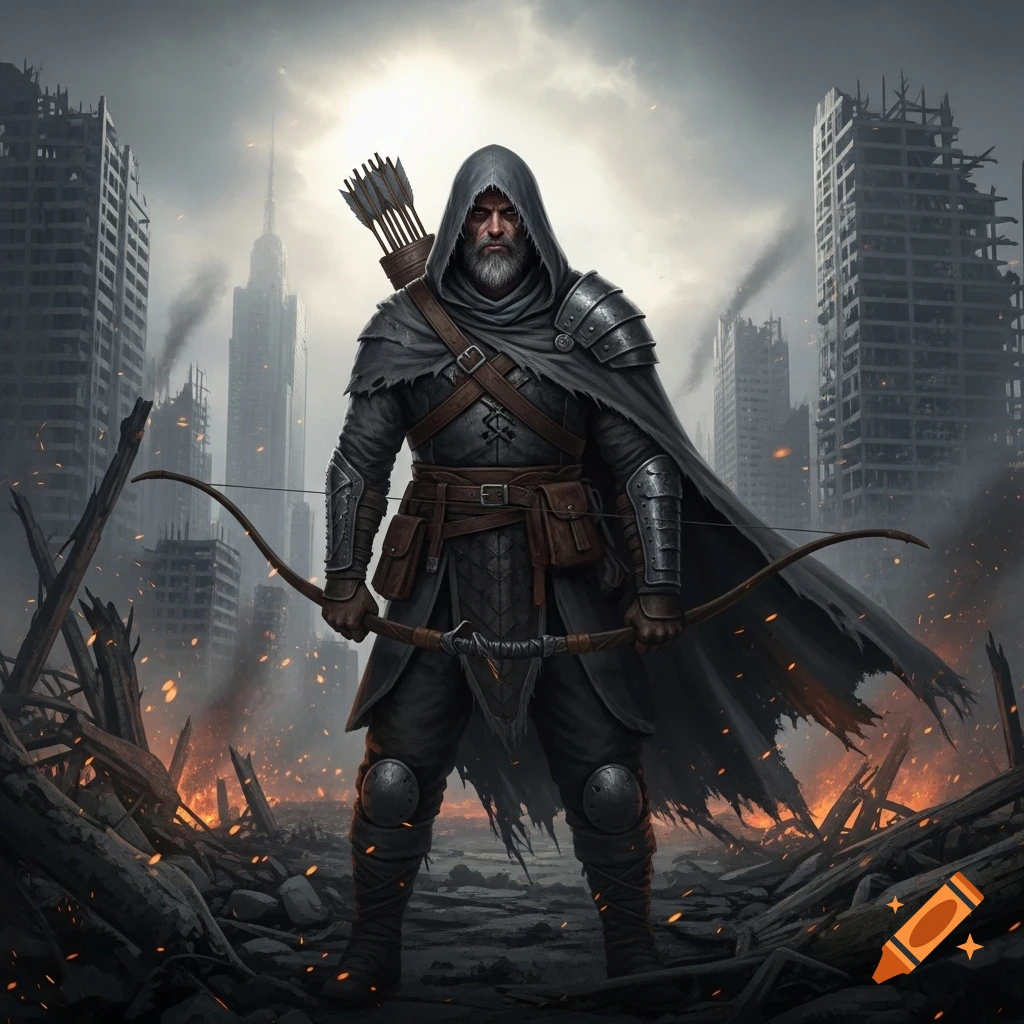 A grey-bearded archer in a dark cloak and armor stands in a ruined, burning post-apocalyptic city, holding a bow.