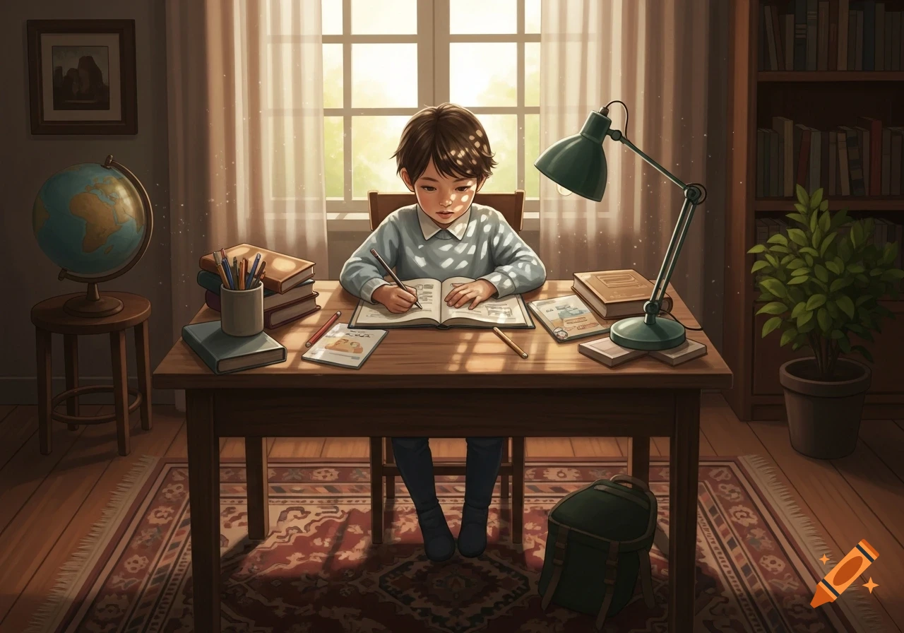 A young boy sits at a wooden desk by a sunny window, diligently writing in an open book with a pen. Books, pencils, and a desk lamp surround him. A globe and a bookshelf are visible in the room.