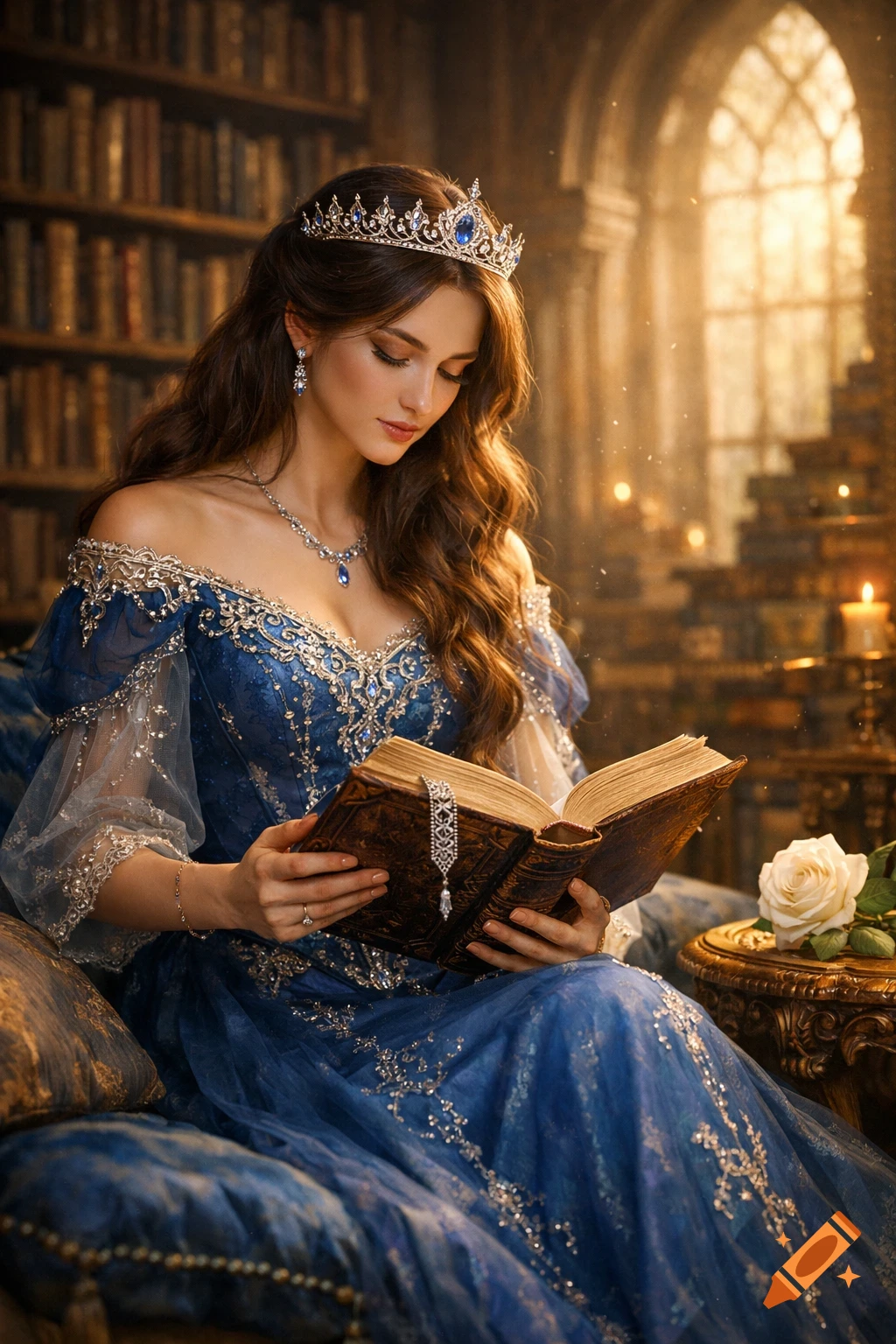 An elegant princess in a blue gown and tiara reads an old book in a sunlit fantasy library.