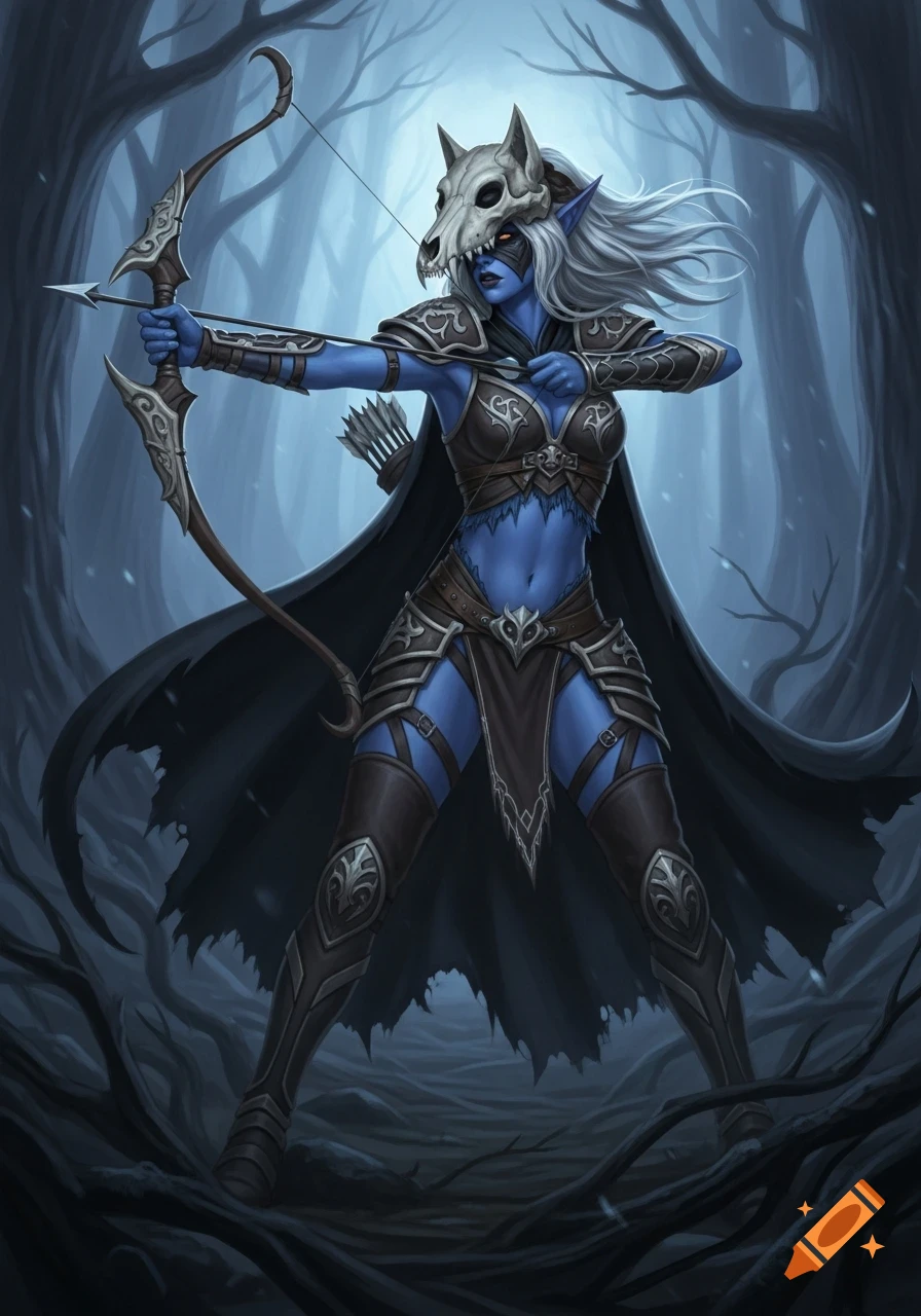Blue-skinned female elf archer with white hair and a wolf skull mask, clad in leather armor, holds a drawn bow in a dark forest.