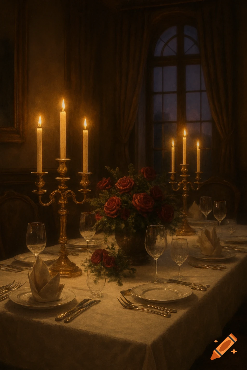 Elegant candlelit dinner table set with plates, wine glasses, cutlery, and a centerpiece of red roses in a formal room.
