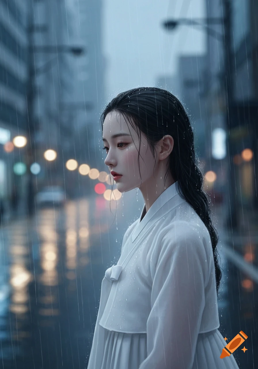 A melancholic Korean woman in a white hanbok stands in the rain on a city street at night, with bokeh lights in the background.