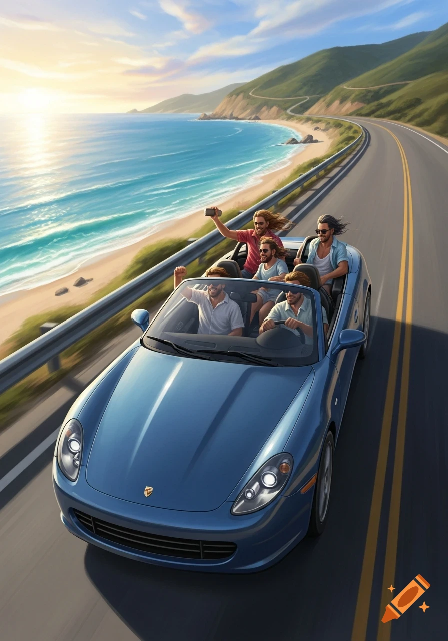 Five men in a blue convertible car driving along a scenic coastal highway at sunset, with an ocean and mountains in the background.
