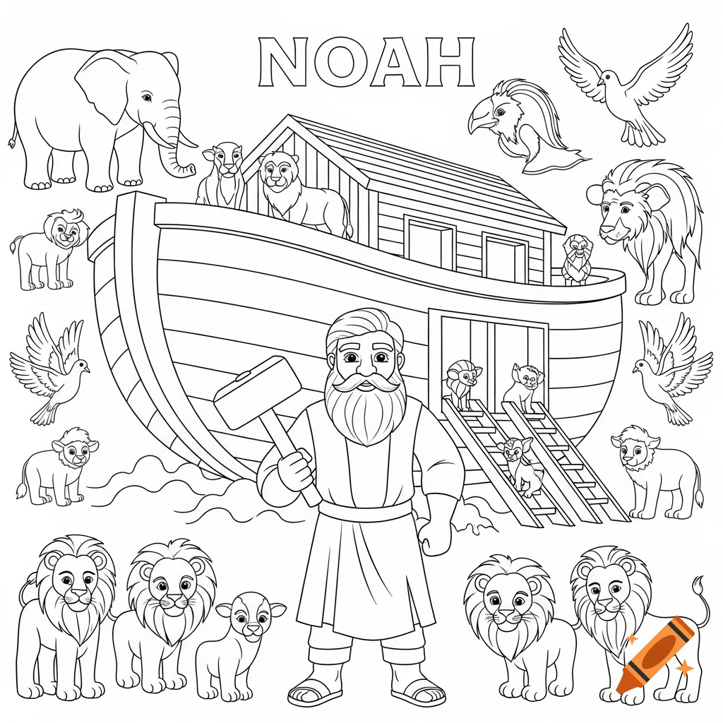 Black and white coloring page illustration of Noah standing with a hammer in front of his ark, surrounded by pairs of animals.